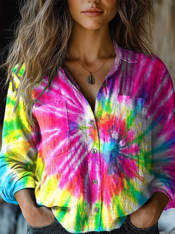 Women's Colorful Tie Dye Print Casual Long Sleeve Comfortable Cotton Shirt