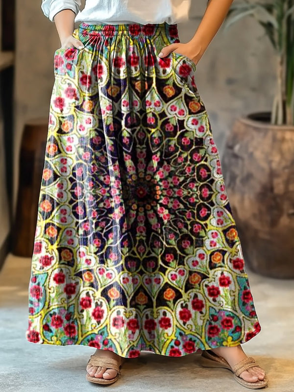 Women's Retro Floral Totem Art Print Cotton Skirt