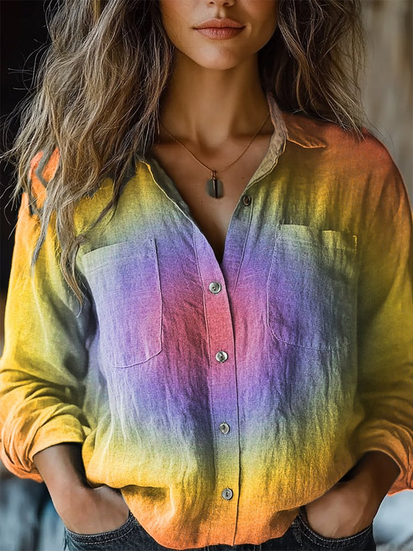 Women's Bright Colorful Aperture Print Casual Long Sleeve Comfortable Cotton Shirt