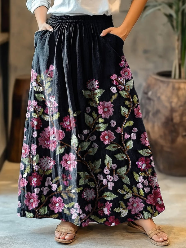 Women's Retro Floral Art Print Cotton Skirt