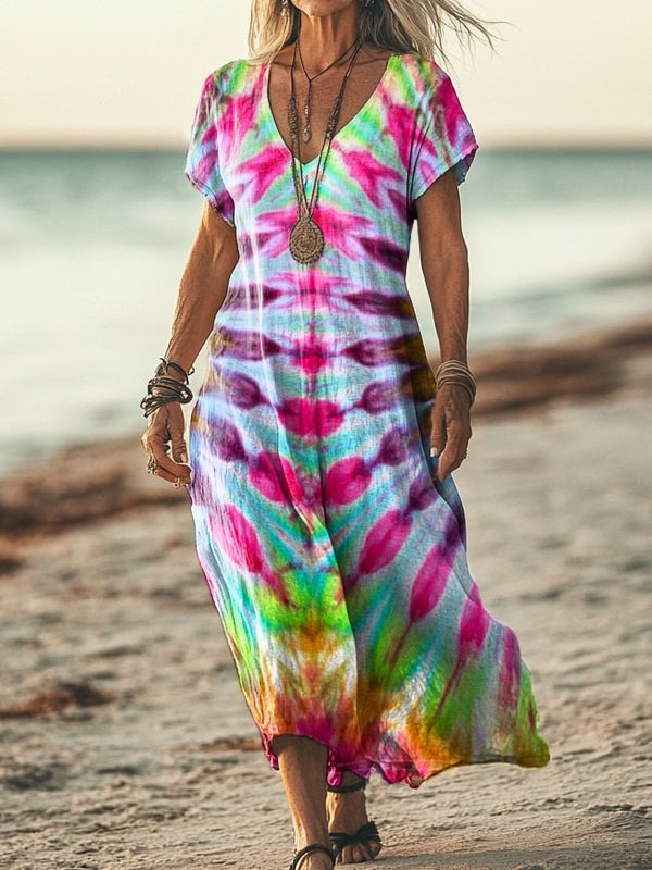 Colorful Tie-Dye Printed Pocket Cotton Women's Dresses