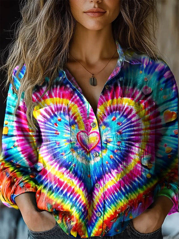 Women's Colorful Heart Tie Dye Art Print Casual Long Sleeve Comfortable Cotton Shirt