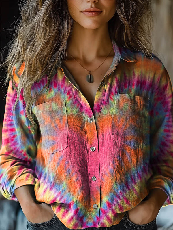 Women's Colorful Heart Tie Dye Print Casual Long Sleeve Comfortable Cotton Shirt