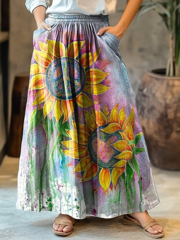 Women's Watercolor Sunflower Hippie Art Print Cotton Skirt