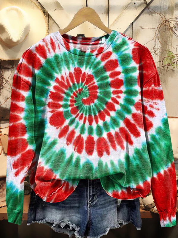 Christmas Themed Spiral Tie-Dye Long Sleeve Sweatshirt