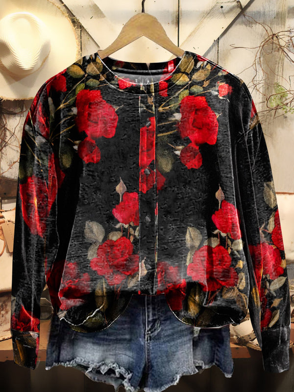 Vintage Romance Red Rose Velvet Sweatshirt