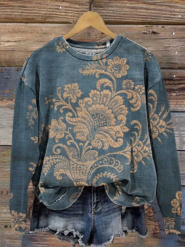 Vintage Floral Pattern Printed Casual Long Sleeve Sweatshirt