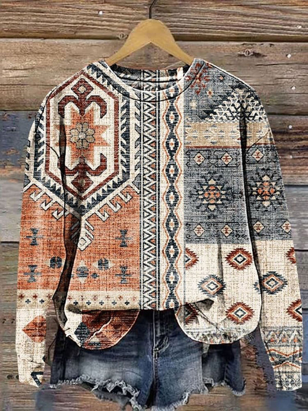 Vintage Ethnic Pattern Printed Casual Long Sleeve Sweatshirt