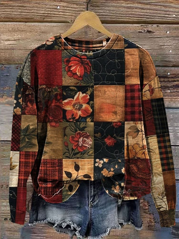 Vintage Floral Patchwork Printed Casual Long Sleeve Sweatshirt