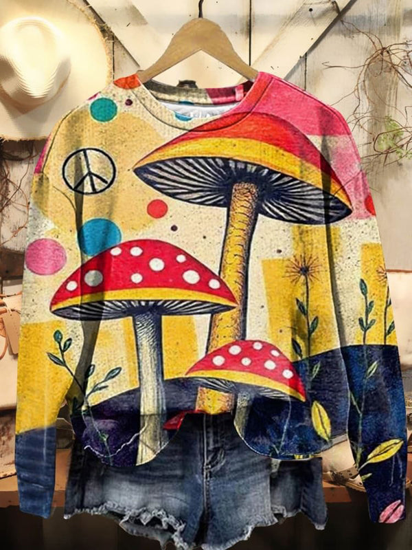 Colourful Mushroom Print Casual Long Sleeve Sweatshirt