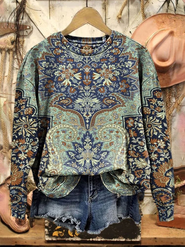 Vintage Ethnic Floral Print Casual Long Sleeve Sweatshirt