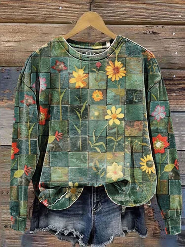 Vintage Floral Patchwork Printed Casual Long Sleeve Sweatshirt