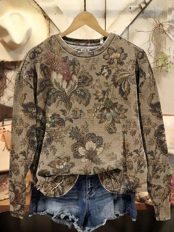 Vintage Floral Print Casual Long Sleeve Sweatshirt