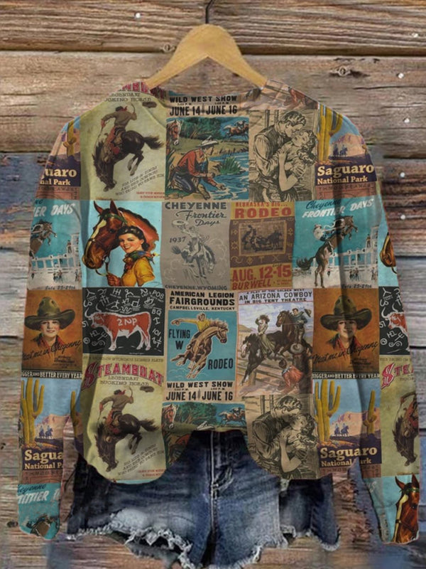 Vintage Western Patchwork Elements Printed Long Sleeve Top