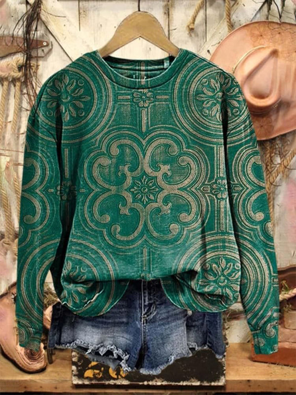 Retro Pattern Printed Casual Long Sleeve Sweatshirt