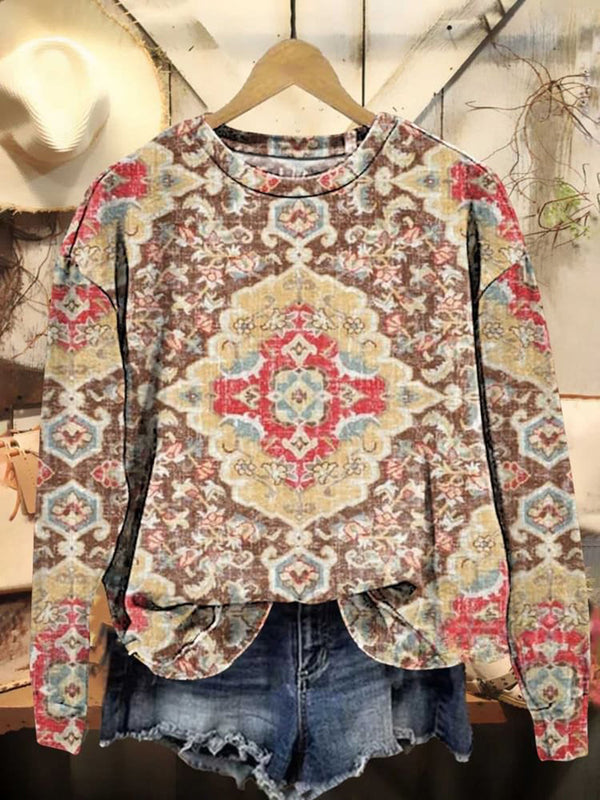 Vintage Ethnic Pattern Printed Casual Long Sleeve Sweatshirt