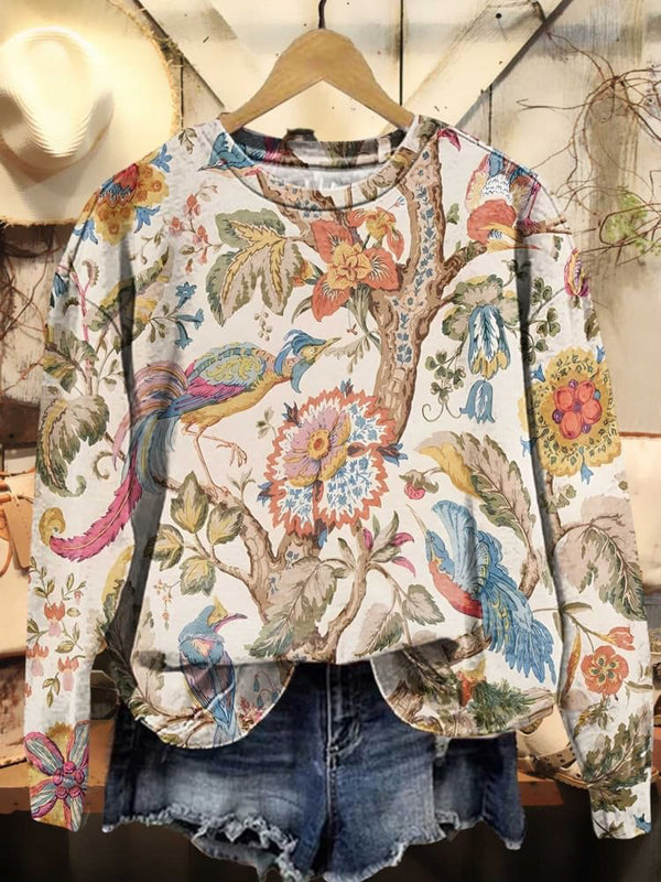 Vintage Floral Bird Print Casual Long Sleeve Top