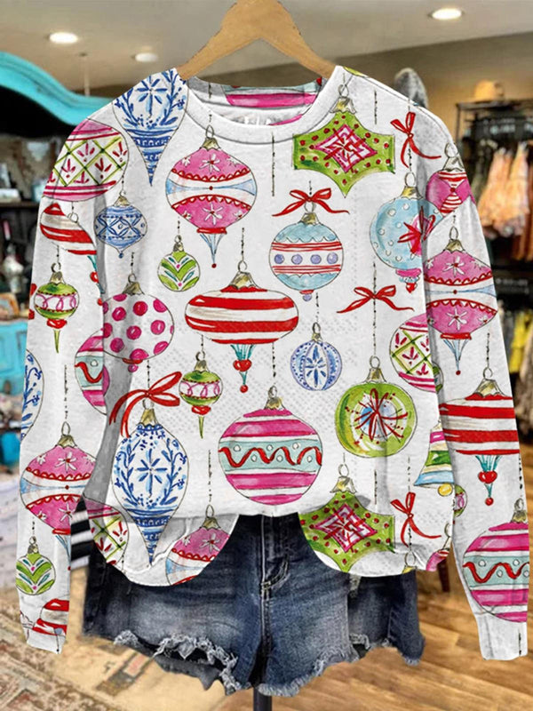 Merry Vintage Christmas Ornaments Printed Long Sleeve Casual Top