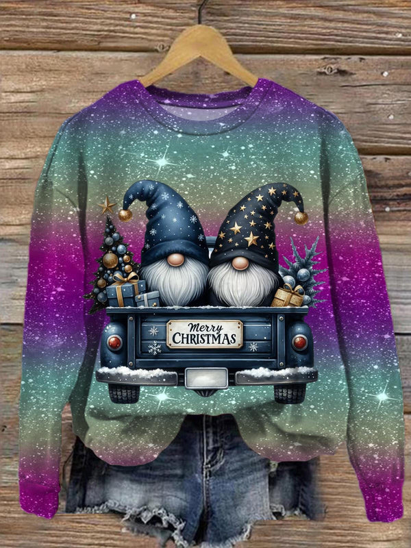 Cute Elves Visiting At Christmas Printed Long Sleeve Casual Top