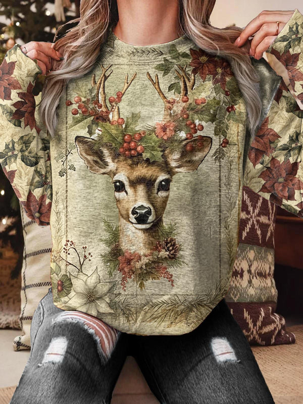 Vintage Elk Christmas Printed Long Sleeve Casual Top