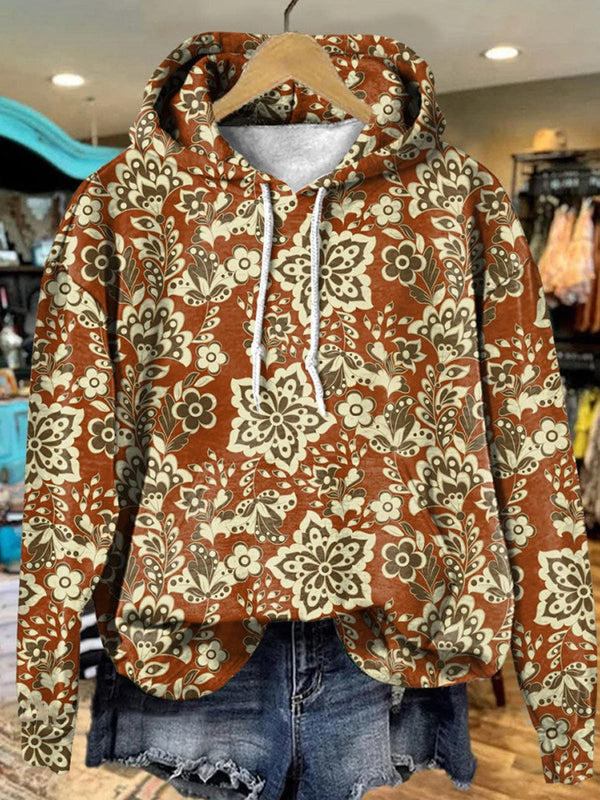 Brown Retro Floral Long Sleeve Printed Hoodie