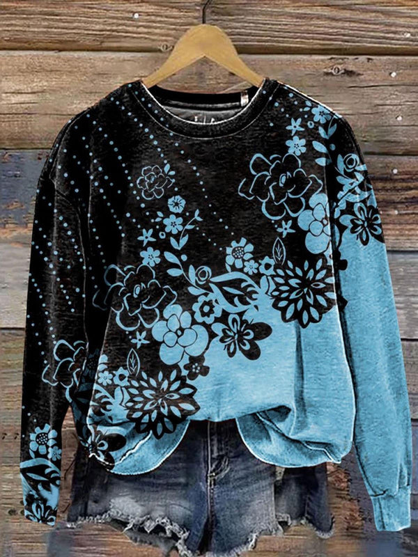 Floral Color Matching Printed Long Sleeve Casual Top