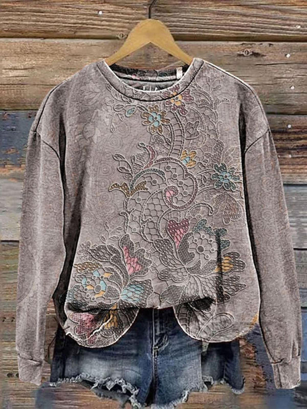 Vintage Lace Pattern Print Printed Long Sleeve Casual Top