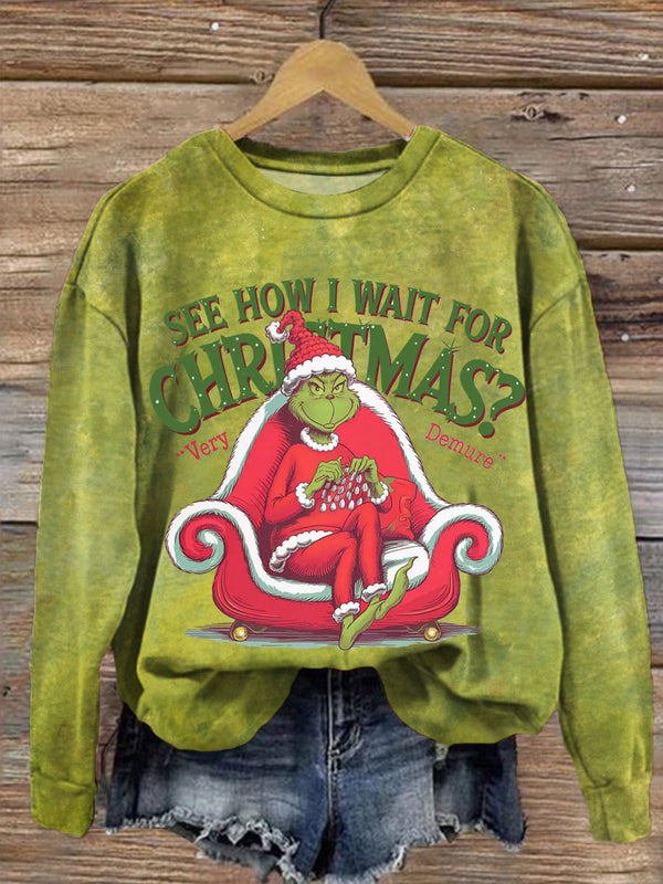 See How I Wait For Christmas Printed Long Sleeve Casual Top