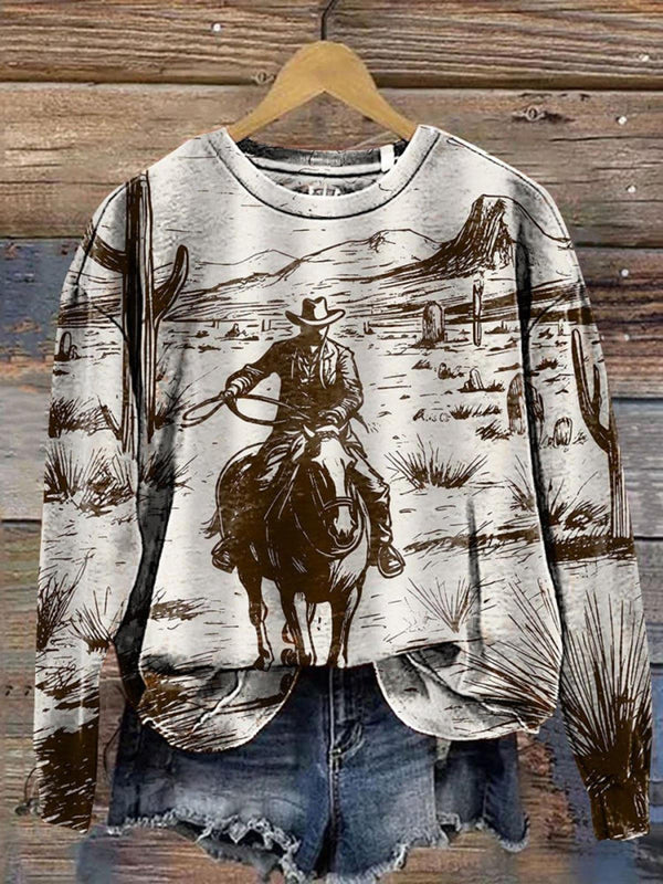 Vintage Cowboy Cactus Art Printed Long Sleeve Casual Top