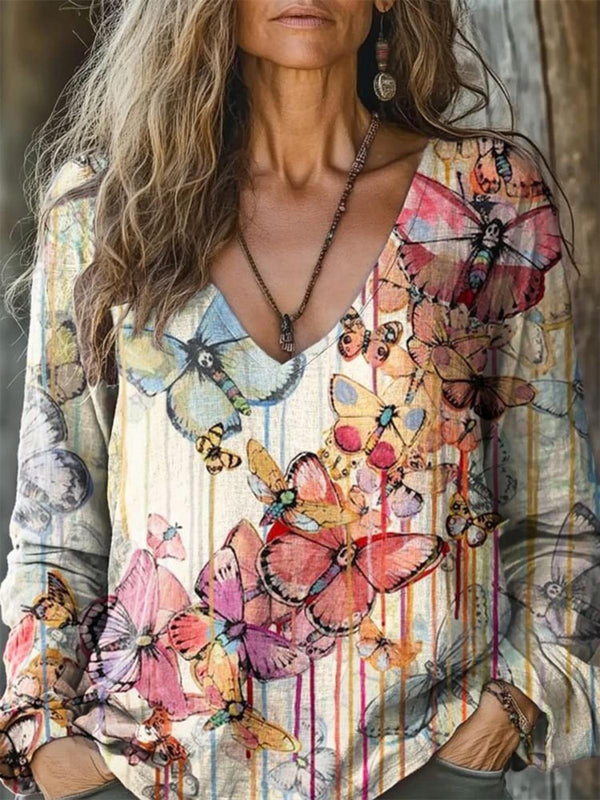 Women's Butterfly Watercolor V-neck Long Sleeve Top