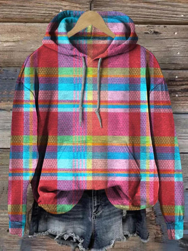 Vintage Plaid Long Sleeve Printed Hoodie