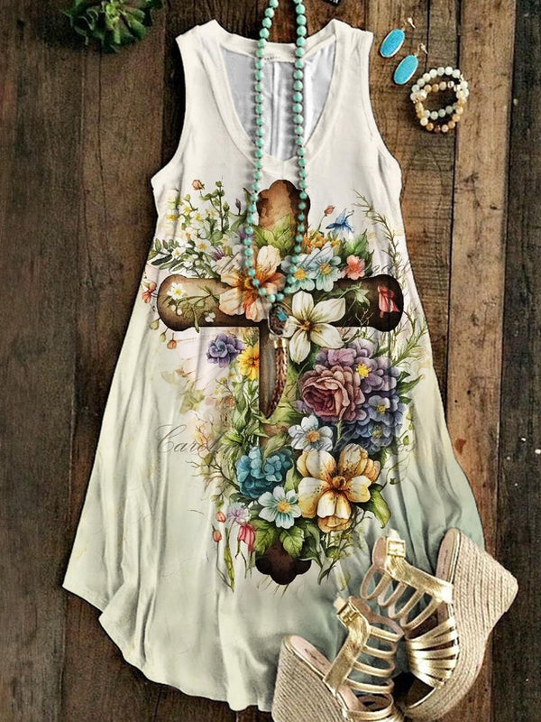 Vintage Floral Cross Print Dress