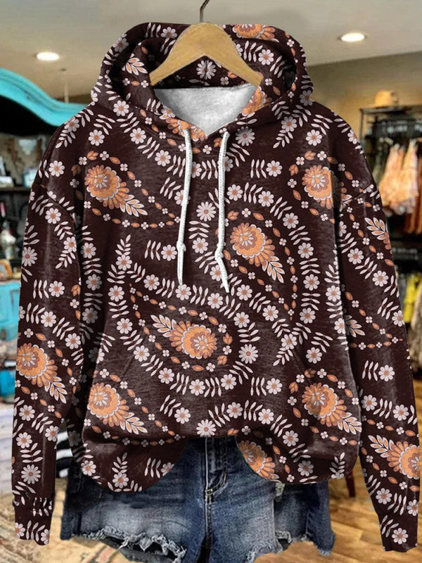 Brown Vintage Cashew Flower Long Sleeve Printed Hoodie