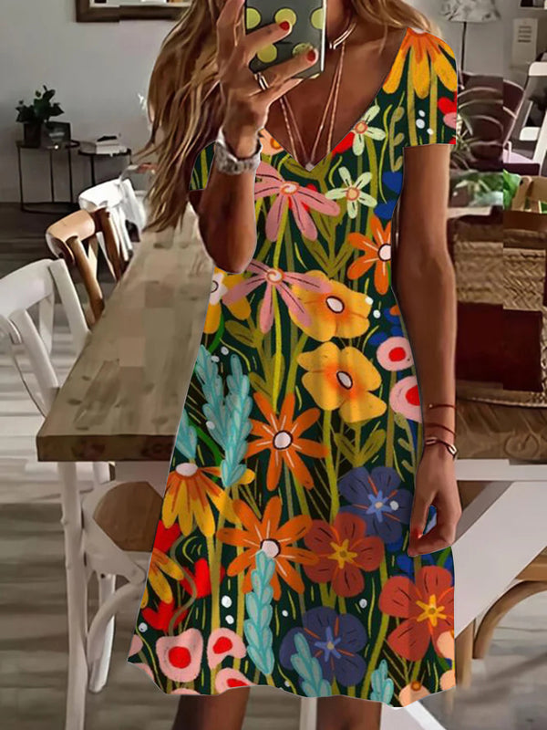 Floral Garden Print V Neck Short Sleeve Dress