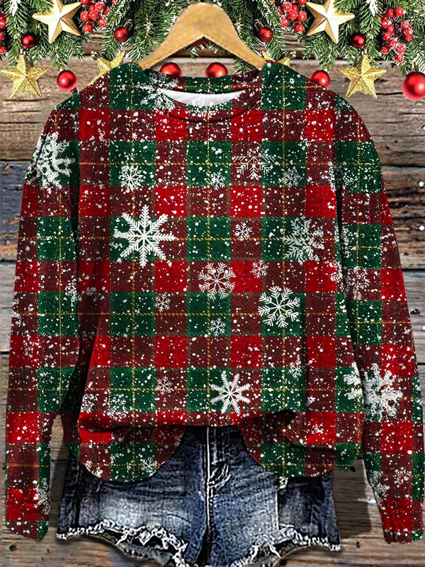 Women's Christmas Plaid Snowflake Printed Long Sleeve Casual Top