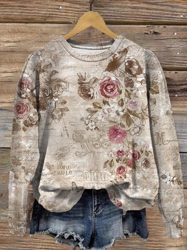 Women's Retro Flowers Printed Long Sleeve Casual Top