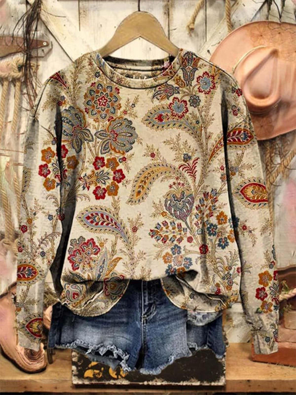 Vintage Lovely Floral Art Print Printed Long Sleeve Casual Top