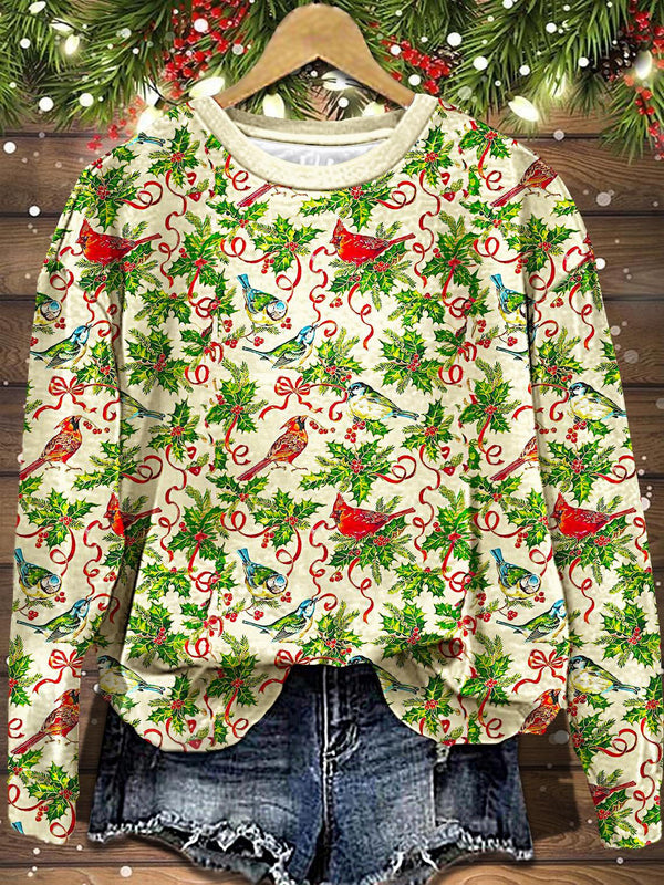 Women's Christmas Retro Flower And Bird Printed Long Sleeve Casual Top