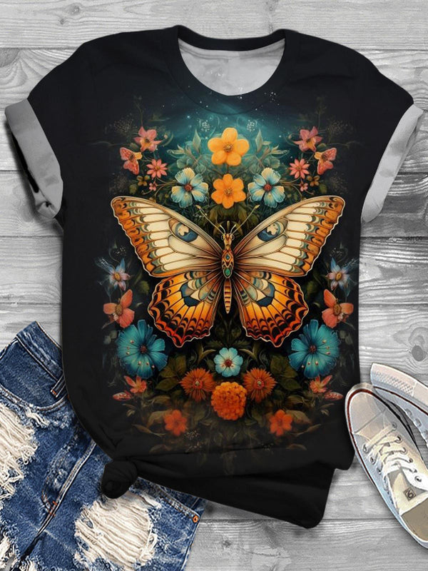 Women's Butterfly Retro Crew Neck T-shirt