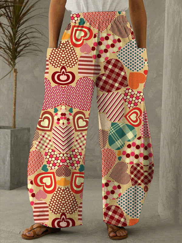 Retro Love Heart Fabric Style Collage Print Casual Pants