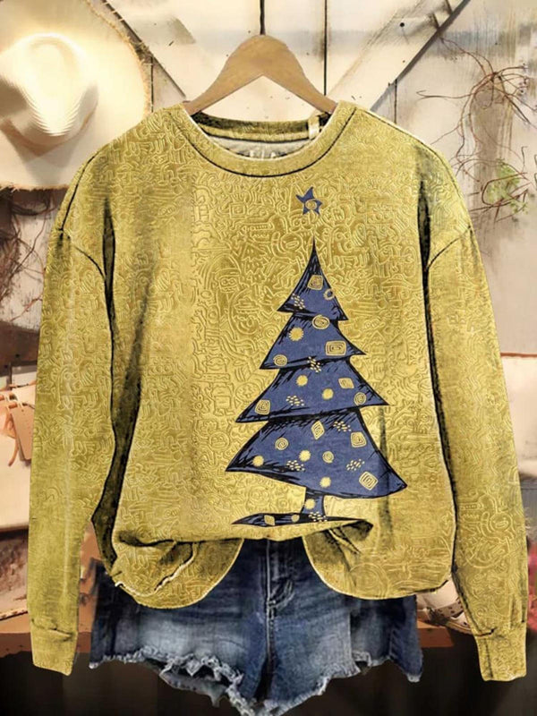 Retro Christmas Tree Golden Printed Long Sleeve Casual Top