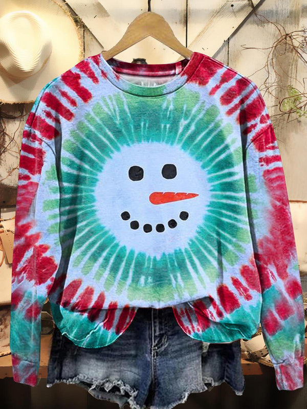 Snowman Tie Dye Printed Long Sleeve Casual Top