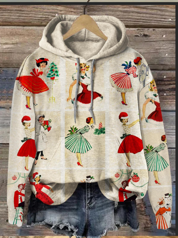 Retro Christmas Woman Illustration Long Sleeve Printed Hoodie