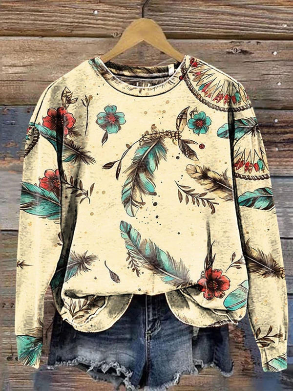 Boho Feather Printed Long Sleeve Casual Top