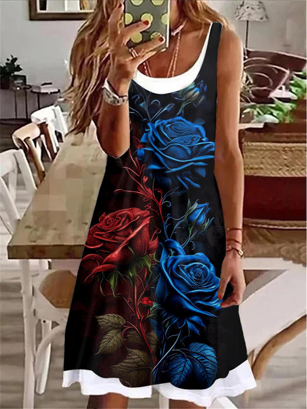 Red Blue Rose Print Ladies False Two Dress