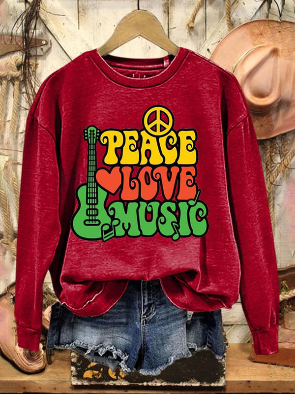 Peace Love Music Printed Long Sleeve Casual Top