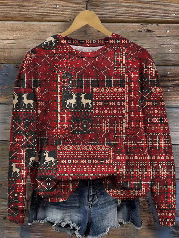 Women's Christmas Elk Plaid Vintage Floral Long Sleeve Top