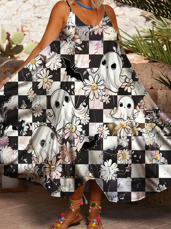 Women's Halloween Checkerboard Daisy Ghost Printed Casual Spaghetti Strap Dress