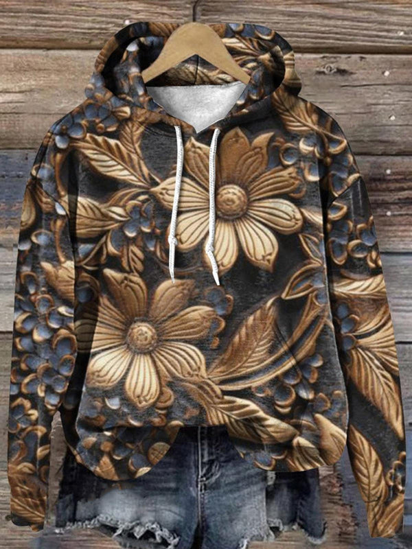 Retro Flowers Long Sleeve Printed Hoodie