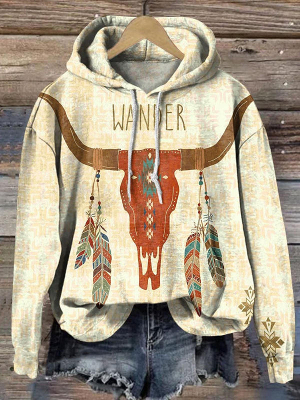 Vintage Art Print Long Sleeve Printed Hoodie